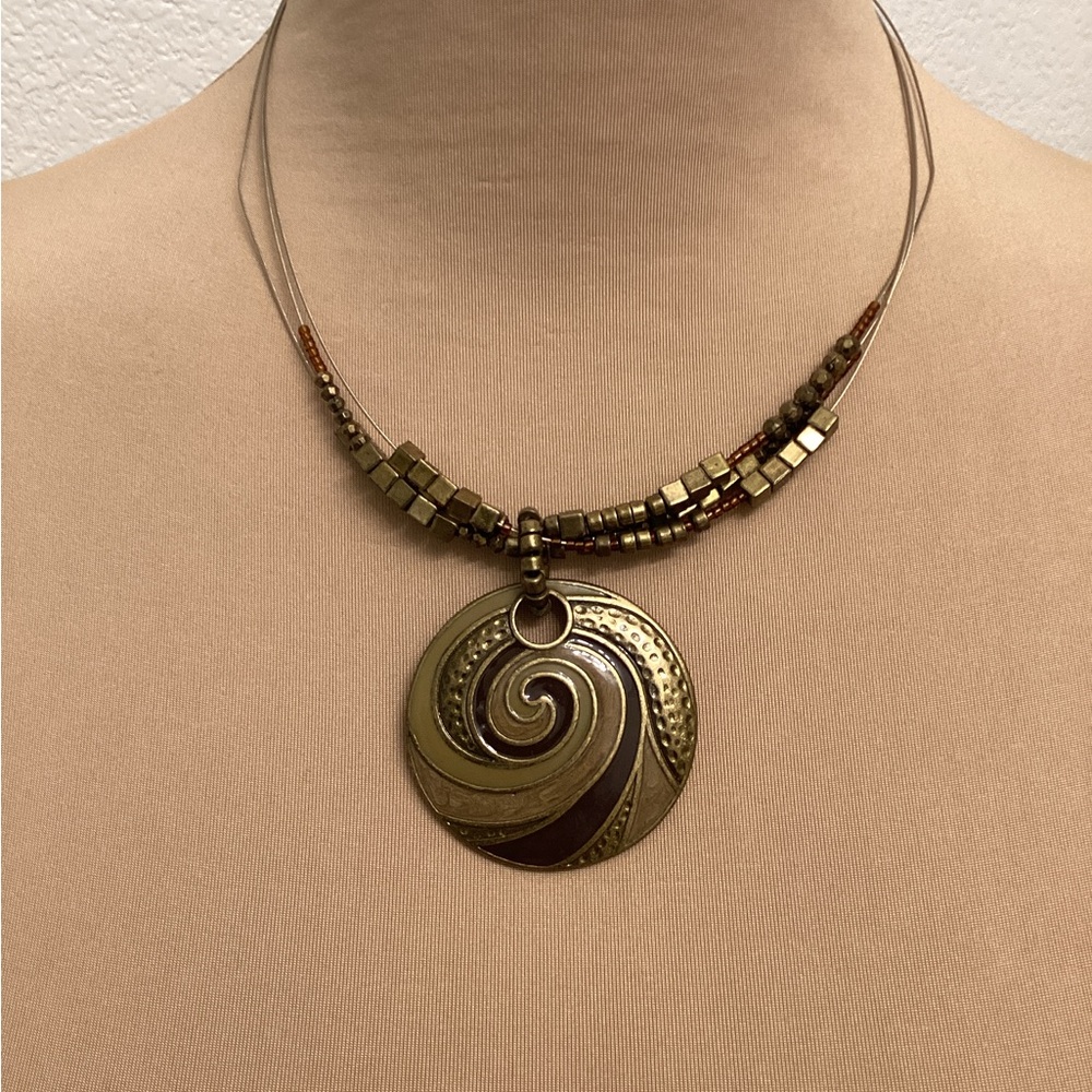 Vintage Gold and Brown Spiral Pendant Necklace